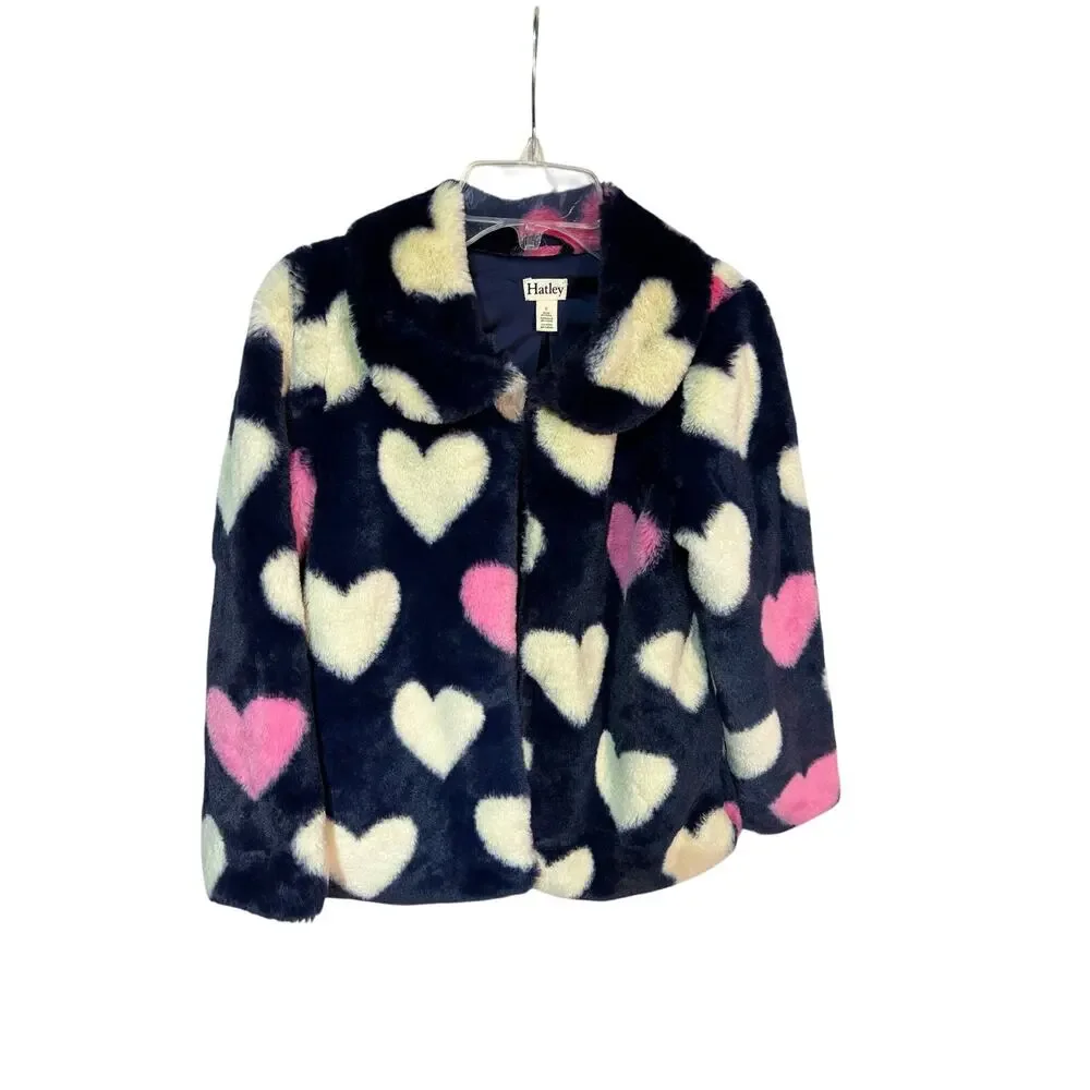 Hatley 8 blue faux fur pink white hearts jacket w/pockets like new